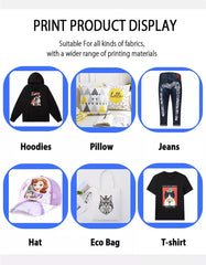 dtf printer outputs
print on hoodies
print on pillow
print on jeans
print on hat
print on eco bag
print on t shirt